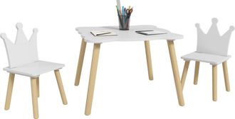 OEM Conjunto Infantil De Mesa Y 2 Sillas Con Respaldo En Forma De Corona Para Lectura Y Dibujo 60x60x44 Cm Blanco Y Madera