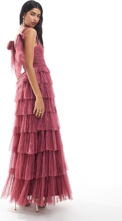 Lace & Beads Vestito lungo da damigella con fiocco sulla spalla in pizzo e tulle color orchidea-Rosa