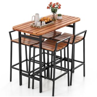Costway Costway 5Pcs Acacia Wood Bar Table Set Outdoor Bar Height Table & Chairs in Natural