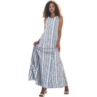Jessica London Stretch Cotton Tank Maxi Dress in Blue Striped Animal at Nordstrom, Size 16P