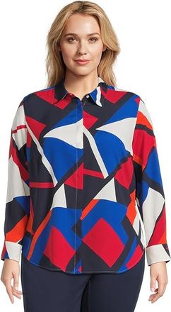 Lauren Ralph Lauren Plus Size Classic Fit Print Crepe Shirt Womens Clothing Blue : 1X, Polyester