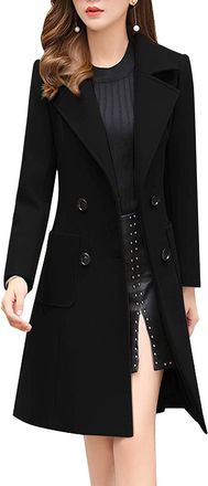 Generic Women Elegant Notched Collar Double Breasted Wool Blend Over Coat (Black,L)