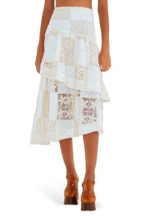 Farm Rio Lace Detail Tiered Asymmetric Cotton Skirt in Off-White at Nordstrom, Size Xx-Small