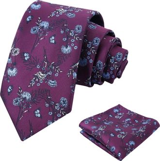 Alizeal Mens Flower Ties for Men with Handkerchief Floral Butterfly Patterned Classic Elegant Wedding Party Necktie Set, Purple+Blue