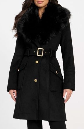 Marciano Alice Belted Coat with Removable Faux Fur Collar in Jblack-Black at Nordstrom, Size 4 Us