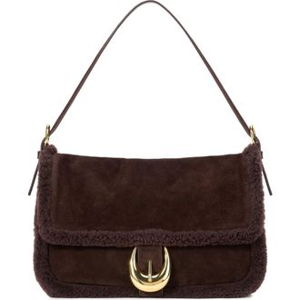 Staud Medium Harlow Suede Shoulder Bag with Faux Shearling Trim in Espresso at Nordstrom Rack