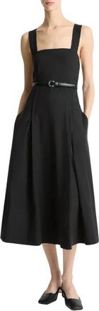 Vince Linnenmix Midi Jurk met Vierkante Hals - Dames - Casual kleedjes - Zwart - XS - Linnen - Kleedjes