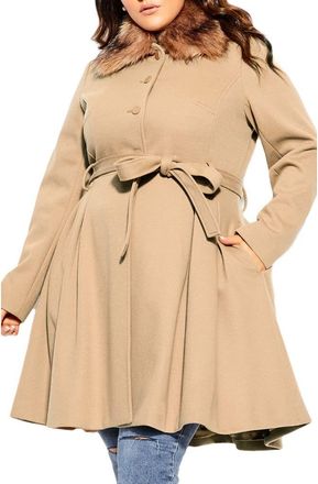 City Chic Rosemary Faux Fur Collar Coat in Neutral at Nordstrom, Size Xs