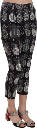 Dolce & Gabbana Womens Black Pineapple Print Skinny Capri Pants Cotton Elastane