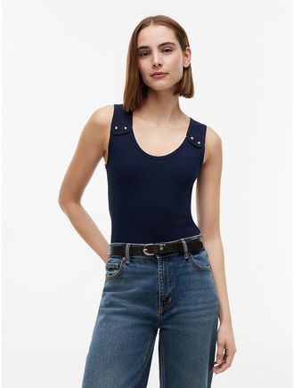 Tommy Hilfiger Womens Slim Fit Nautical Gold-Button Tank Top - Navy - XL