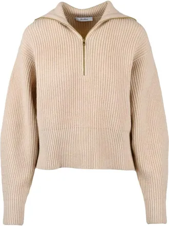 Max Mara Truien & Vesten, Dames, Beige, XS, Wol, Nadar Trui met Halve Rits