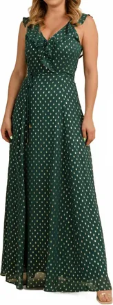 Fate Foil Polka Dot Ruffle Neck Maxi Dress In Forest Green