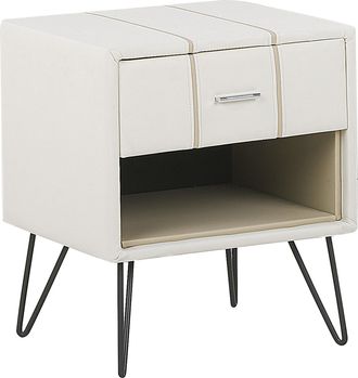 Beliani Beliani - Mesita De Noche Tapizada En Piel Sint&eacute;tica Blanca Con Patas De Horquilla 48 X 41 X 56 Cm 1 Caj&oacute;n Betin