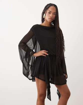 Asos mini dress in rete con laccio laterale e maniche extra lunghe nera-Nero