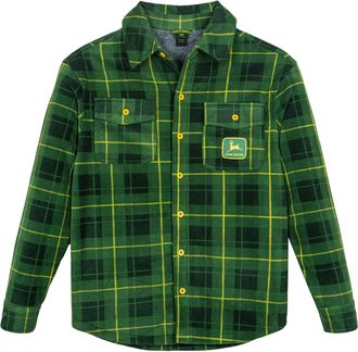 John Deere Tractor Plaid Flannel Shacket with Fleece Lining Toddler to Adult Sizes (3T - 2XL), Green / Gray, S
