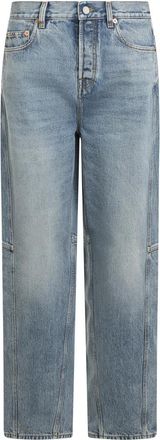 Gucci Wijde jeans met leren logo - Dames - Regular Fit Jeans - Blauw - W26 - Katoen - Jeans