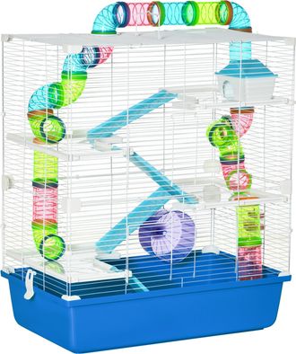 OEM Jaula Para H&aacute;mster Con T&uacute;nel Plataformas Cuenco Bebedero Casita Rampas Y Rueda De Ejercicio 59x36x69 Cm Azul