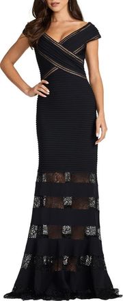 Tadashi Shoji Pintuck Ladder Stitch Lace Inset Trumpet Gown in Black at Nordstrom, Size X-Large