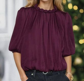 Naked Zebra Round Neckline Accent Billowy Blouse In Maroon