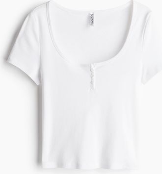 H&M T-Shirt mit kurzer Knopfleiste und U-Ausschnitt - White