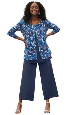 Jessica London Crew Neck Double Layered Tunic in Navy Ocean Floral at Nordstrom, Size Medium