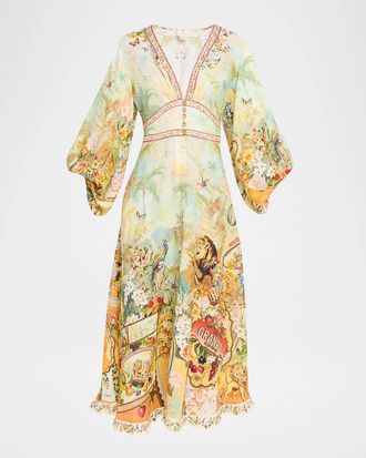 Camilla Printed Linen Midi Dress