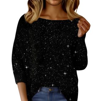 Generic Sparkly Tops for Women UK, Sequin Print 3/4 Sleeve Blouse, Crewneck Pullover Glitter Knitted Sweater Spring Plus Size Undershirt Loose Classic Jumpers