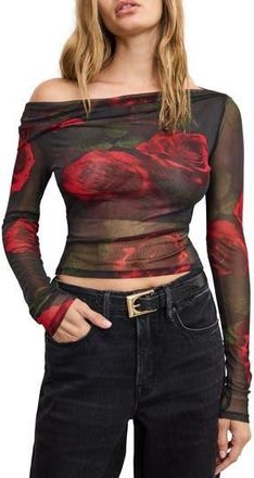 Good American Ruched One-Shoulder Mesh Top in Moody Red Roses001 at Nordstrom Rack, Size X-Large