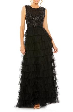 Mac Duggal Ruffle Tiered Sequin High Neck Gown in Black at Nordstrom, Size 14