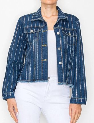Multiples Rhinestone Embellished Denim Jacket In Blue