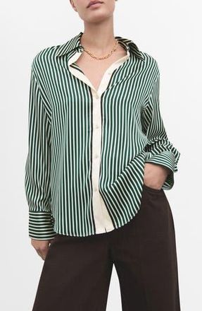 Mango Combined Stripe Button-Up Shirt in Green at Nordstrom Rack, Size Medium
