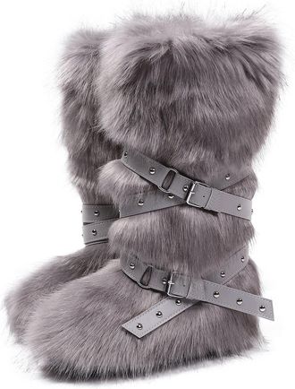 Generic Womens Winter Knee High Boots Fluffy Faux Fur Boots With Thick Fleece Lining Cozy Snow Boots Available In Plus Sizes(Gray,4.5)