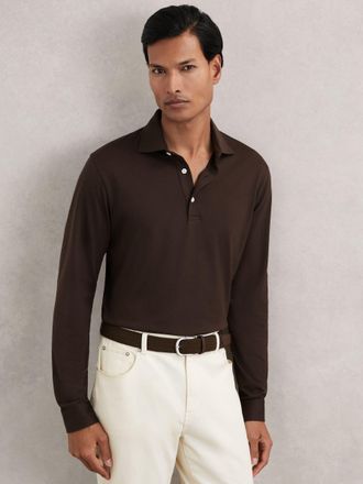 Reiss Brown Cotton-jersey Long Sleeve Polo Shirt, Xxl