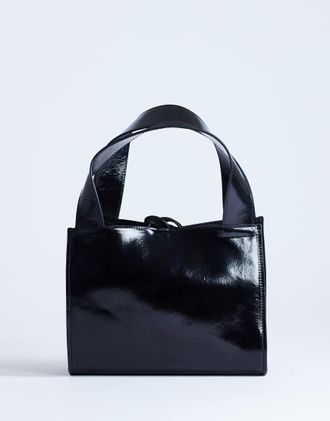 Topshop Sandy - Borsa a mano piccola in vera pelle scamosciata e pelle nera con chiusura con laccetti-Nero