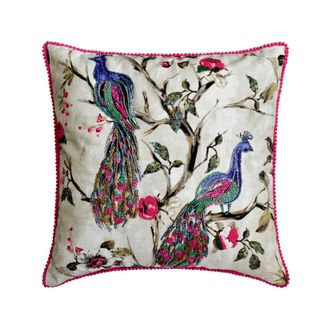 OEM Funda De Coj&iacute;n De Algod&oacute;n Color Rosa Viol&aacute;ceo De 50 X 50 Cm Con Estampado De Pavo Real, Cuentas, Encaje De Pompones Y Estampado Floral, Ideal Para Sof