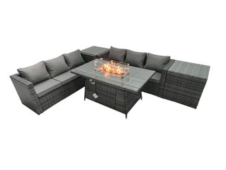 Fimous Rattan Garden Furniture Firepit Dining Set 6 Seater Lounge Sofa Table Set with 2 Side Tables in Dark Grey