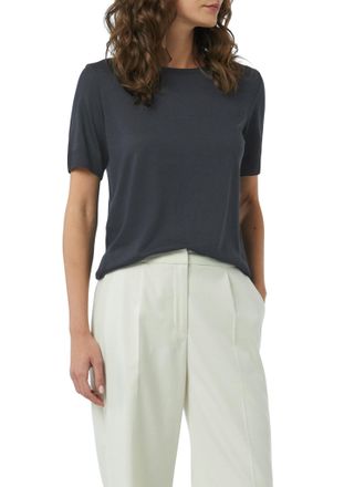 Comma Kurzarmshirt COMMA, Damen, Gr. 46, blau (navy), Feinstrick, Obermaterial: 67% Lyocell, 33% Baumwolle, unifarben, regular fit h&uuml;ftbedeckend, Rundhals, 