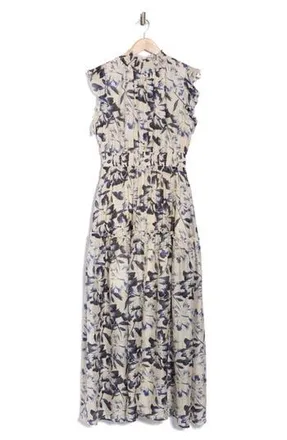 Melloday Floral Flutter Sleeve Maxi Dress in Bone Navy Print at Nordstrom Rack, Size X-Small
