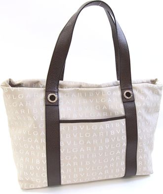 Bulgari Beige Dark Brown Canvas Leather Handbag Pouch Tote Bag (Pre-Owned)