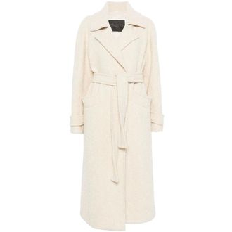 Herno Belted Coats, female, Beige, Size: M White Wool Bouclé Belted Winter Coat