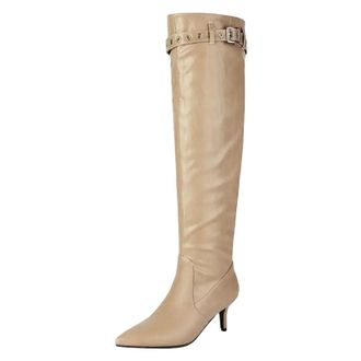 Generic Womens Sexy Knee High Dress Boots Pointed Toe High Square Heel Slip On With Pleated Shaft And Buckle Detail