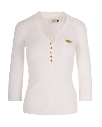Elisabetta Franchi Ivory Ribbed Sweater With Pocket