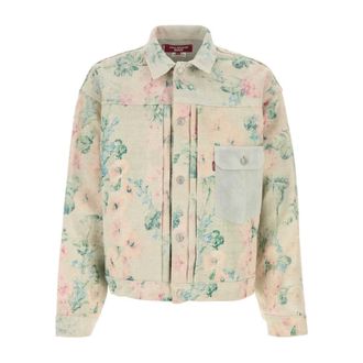 Junya Watanabe Denim Jackets, male, Multicolor, Size: M Floral-print Embroidered Jacket