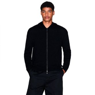 A|X Armani Exchange Mens Cozy, Long Sleeve Back Logo Patch Hood Cardigan Sweater, Black, XL
