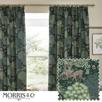 Morris & Co. Brook Woodland Jacquard Room Darkening Pencil Pleat Curtains in Green | Size: 168 cm width x 183 cm drop