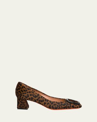 Santoni Leopard Block Heel Buckle Pumps