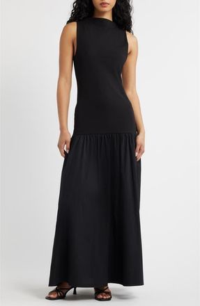 Topshop Drop Waist Mixed Media Maxi Dress in Black at Nordstrom, Size Small