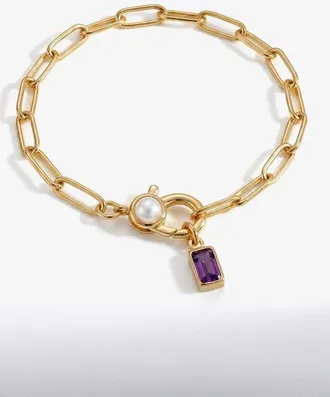 Mint & Lily Paperclip Bracelet with Pearl Accent with Dainty Baguette Birthstone Charm in February Amethyst at Nordstrom, Size 8