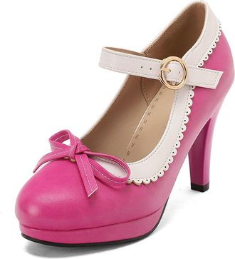 Generic Womens Colorblock Cute Bow Round Toe Mary Jane Court Shoes Ankle Starp Buckle Chunky Heel Pumps for Party (7.5,Rose Red)