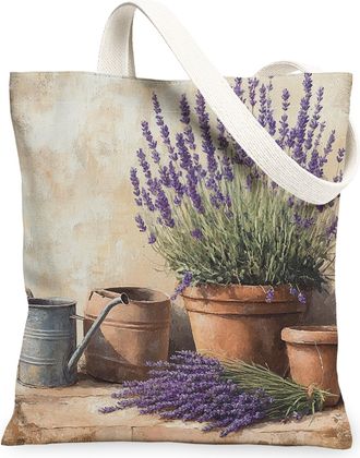 Generic Spring Farmhouse Lavender Canvas Tote Bag for Shopping 13x15, Rustic Vintage Floral Reusable Grocery Print Bag for Women, Country Flower Beach Aesthet